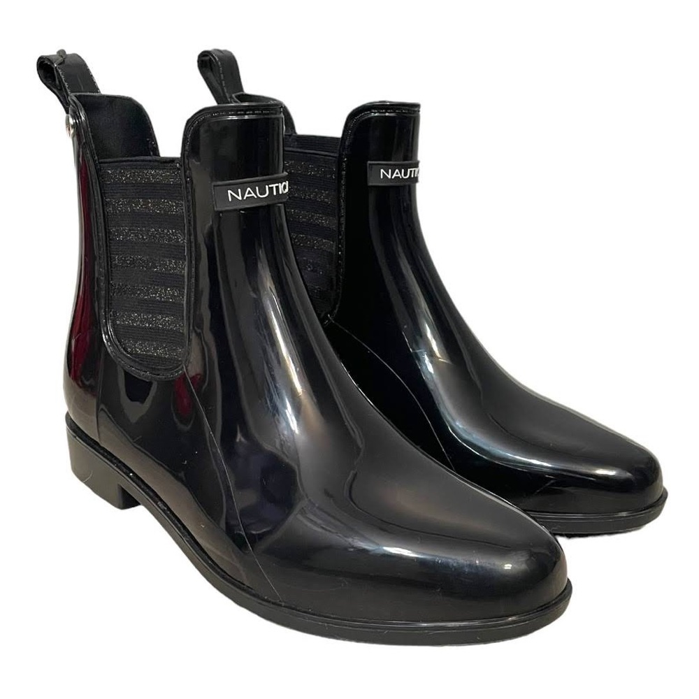 Nautica Black Lurex Metalic Stripe Cliff Port Lorex Ankle Rubber Rain Boots 🥾☔️